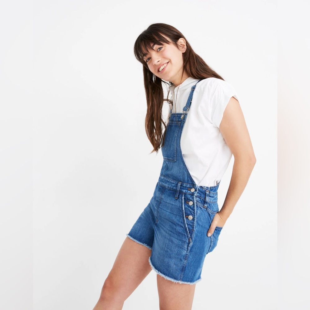 MADEWELL Adirondack Short Denim‎ Overalls Frayed Hem Size XXS